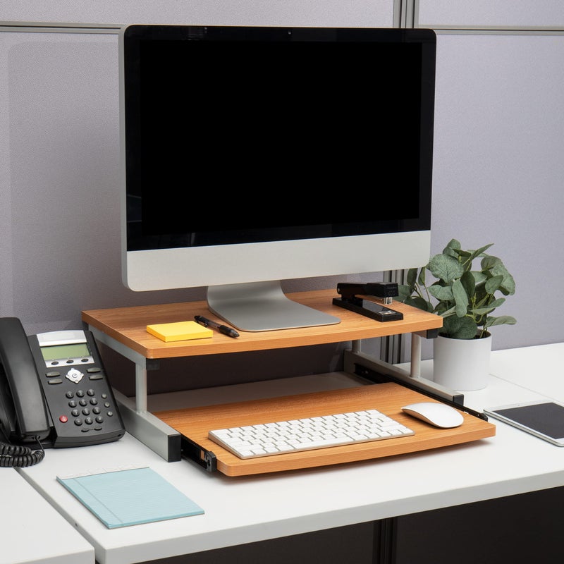 Mind Reader Monitor Stand, Sliding Keyboard Drawer, Laptop, Riser, Office, Wood/Metal, 20"L x 14.75"W x 5.9"H, Brown, Silver - Image 2